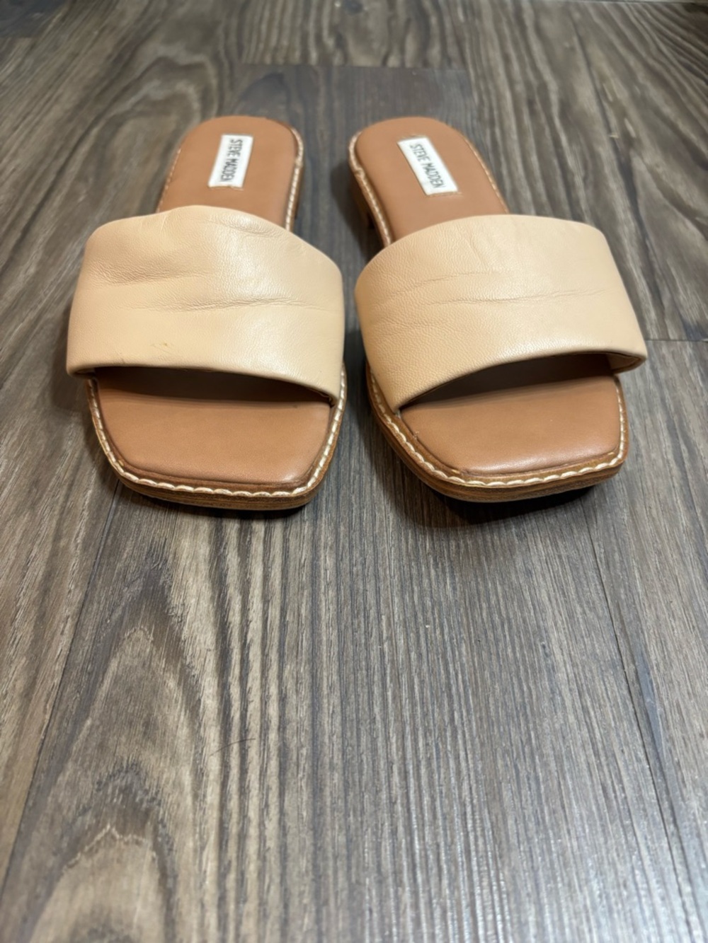 Steve Madden women’s Neutral Beige Wide Strap Slide Sandals